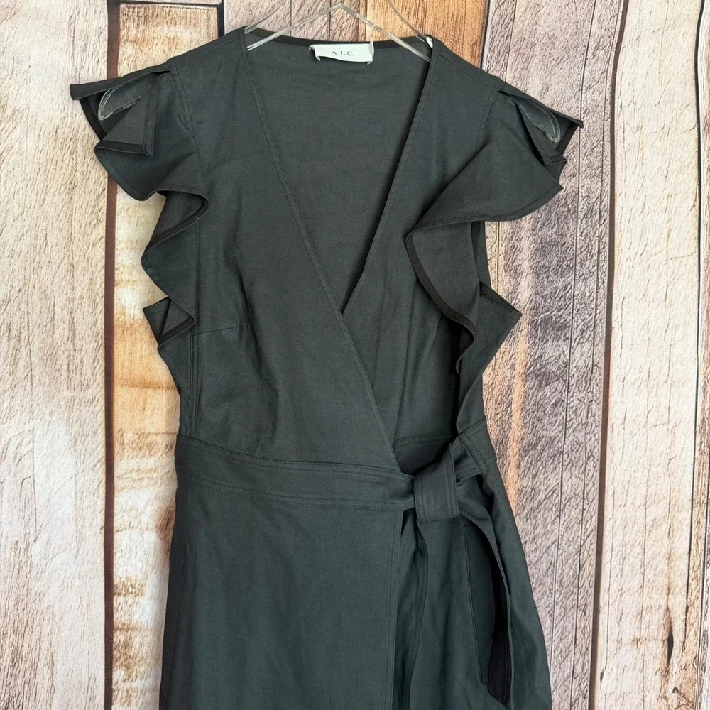 A.L.C. Ruffle Sleeve Wrap Midi Dress Black Quiet Luxury Modern‎ Size 4